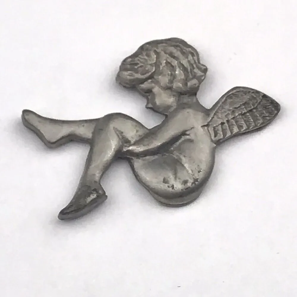 Pewter Angel  Brooch Pin Vintage Marked Signed Valentines Cherub
